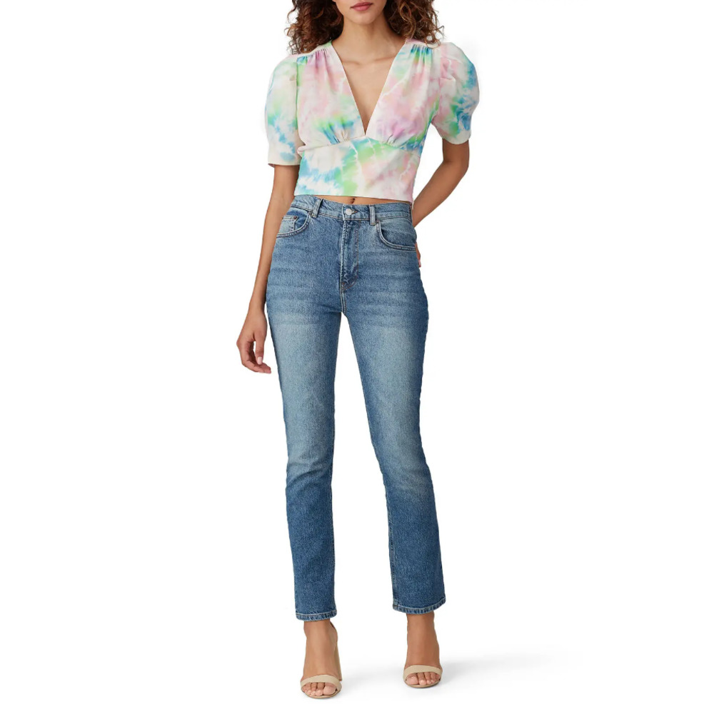 Amanda Uprichard Tie Dye Rosen Crop Puff Sleeve Top Multicolor Pride